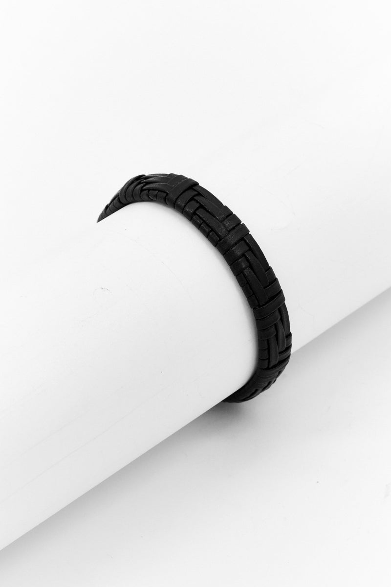 Steeltime Men Braided Leather Bracelet, Black - Image 1